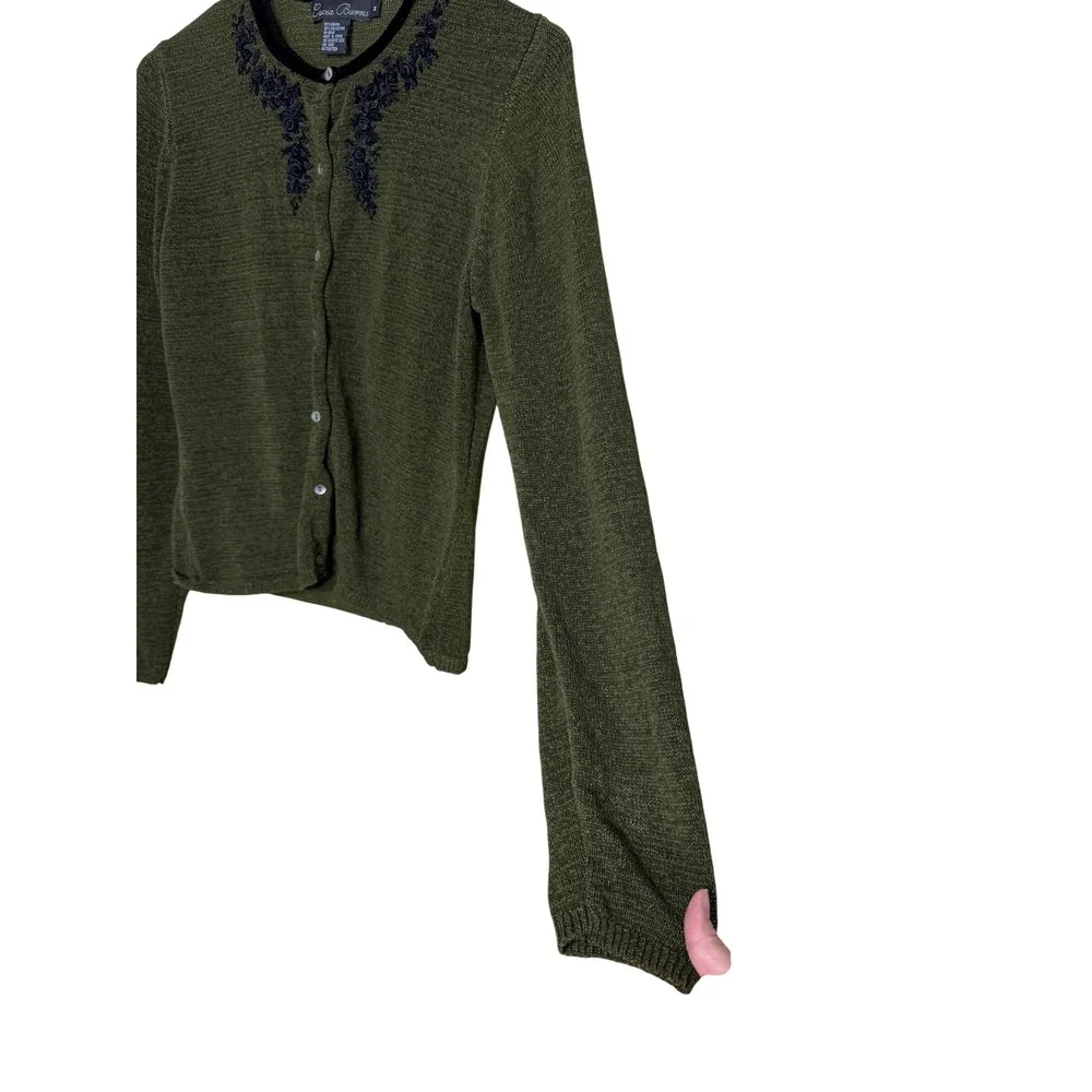 Lucia Burns Olive Green Embroidered Floral Cardigan Sweater Velvet Trim Size M